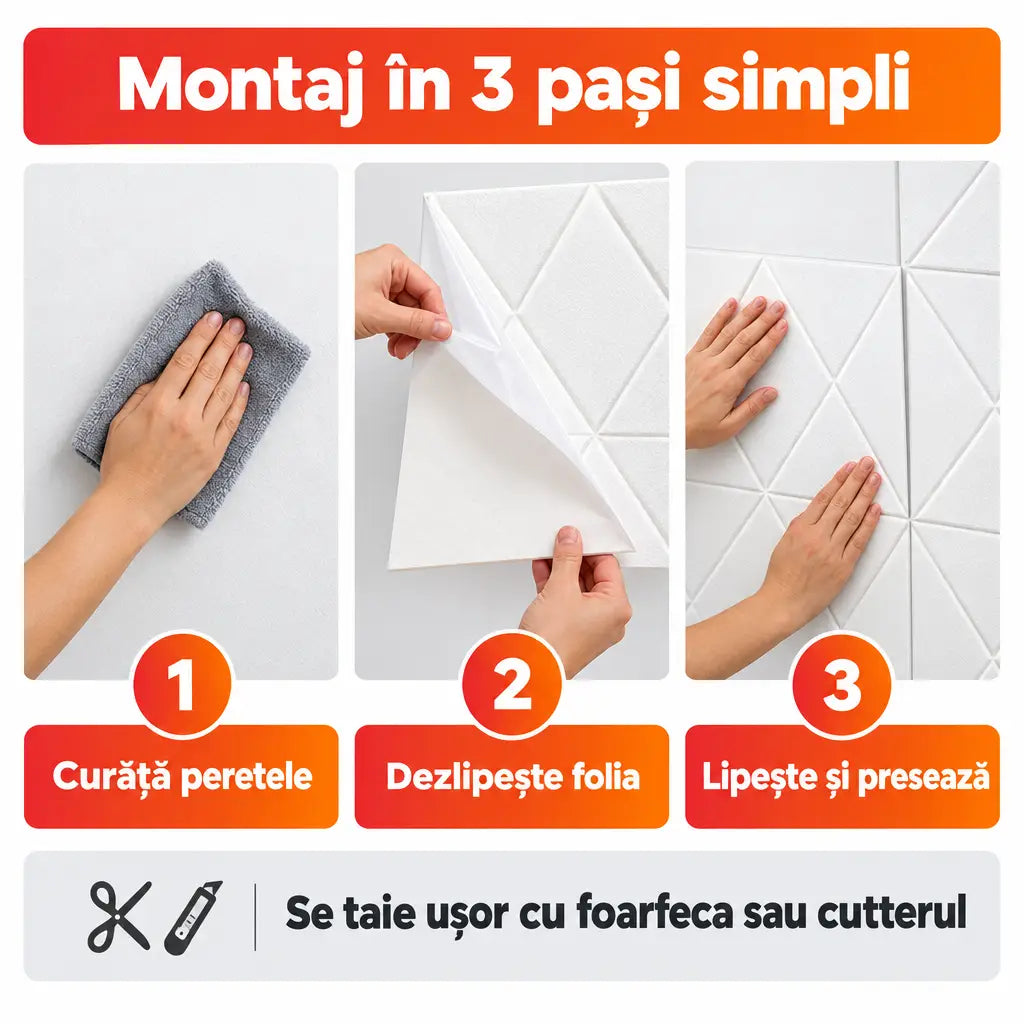 Montaj tapet 3D autoadeziv în 3 pași simpli