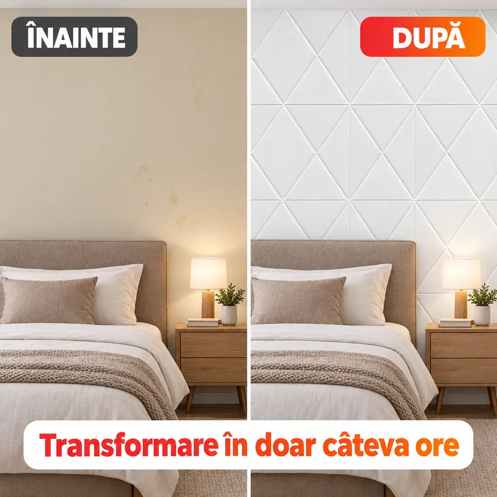 Înainte și după montajul tapetului 3D romburi alb T14