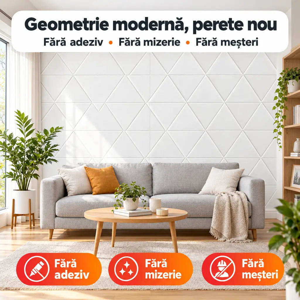 Tapet 3D romburi alb T14 în living – geometrie modernă, perete nou