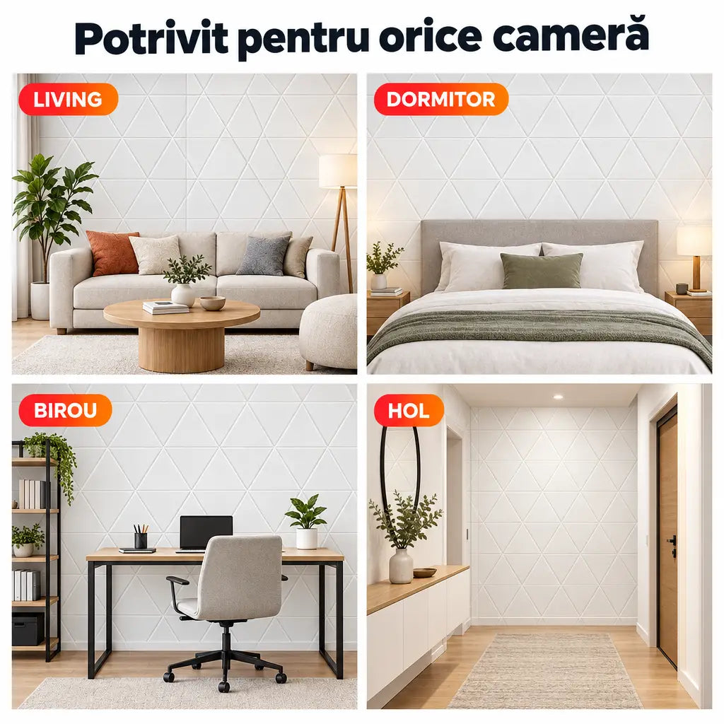 Tapet 3D alb geometric potrivit pentru living, dormitor, birou și hol
