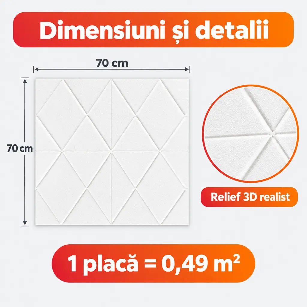 Dimensiuni placă tapet 3D T14: 70x70 cm, 0,49 m²