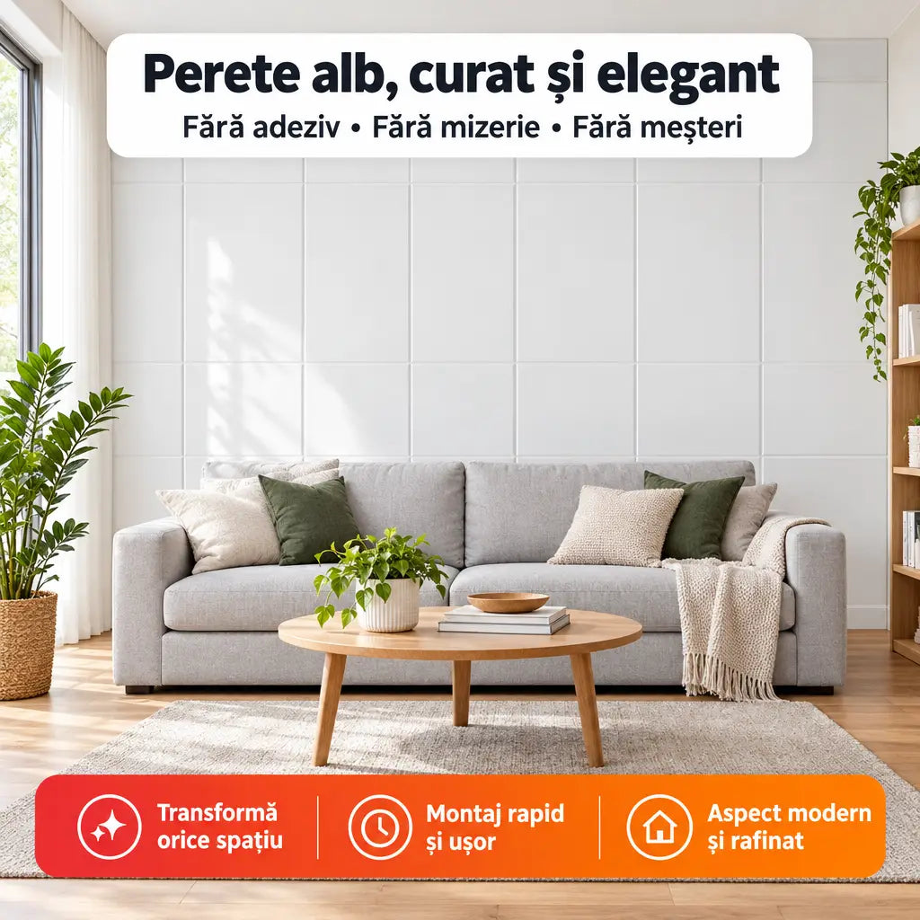 Tapet 3D placă dublă alb în living – perete alb, curat și elegant
