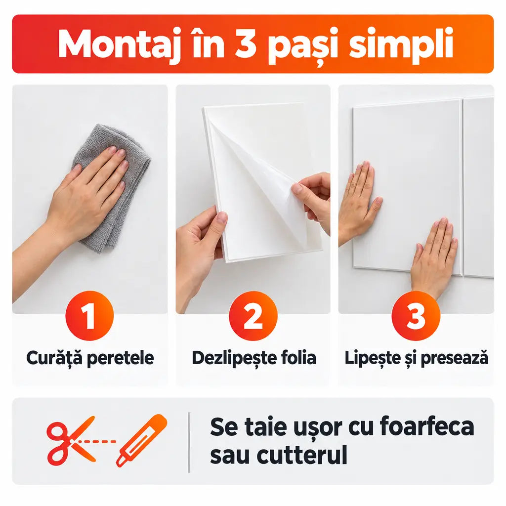 Montaj tapet 3D autoadeziv în 3 pași simpli
