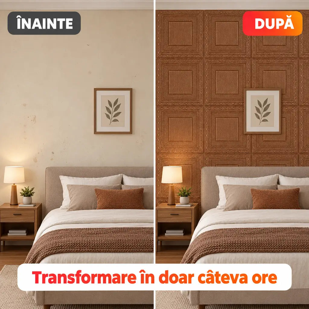 Înainte și după montajul tapetului 3D imitație lemn maro