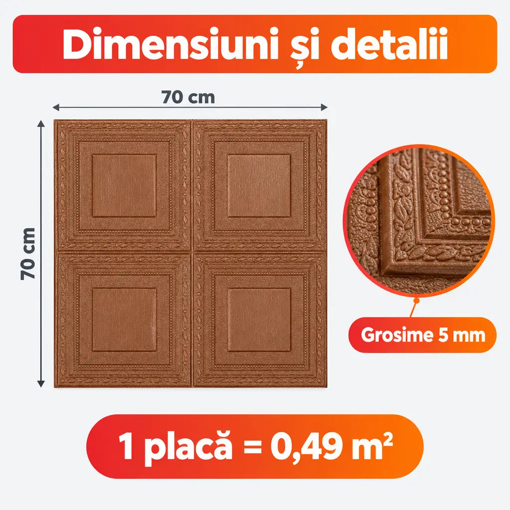 Dimensiuni placă tapet 3D lemn maro: 70x70 cm, 5 mm, 0,49 m²