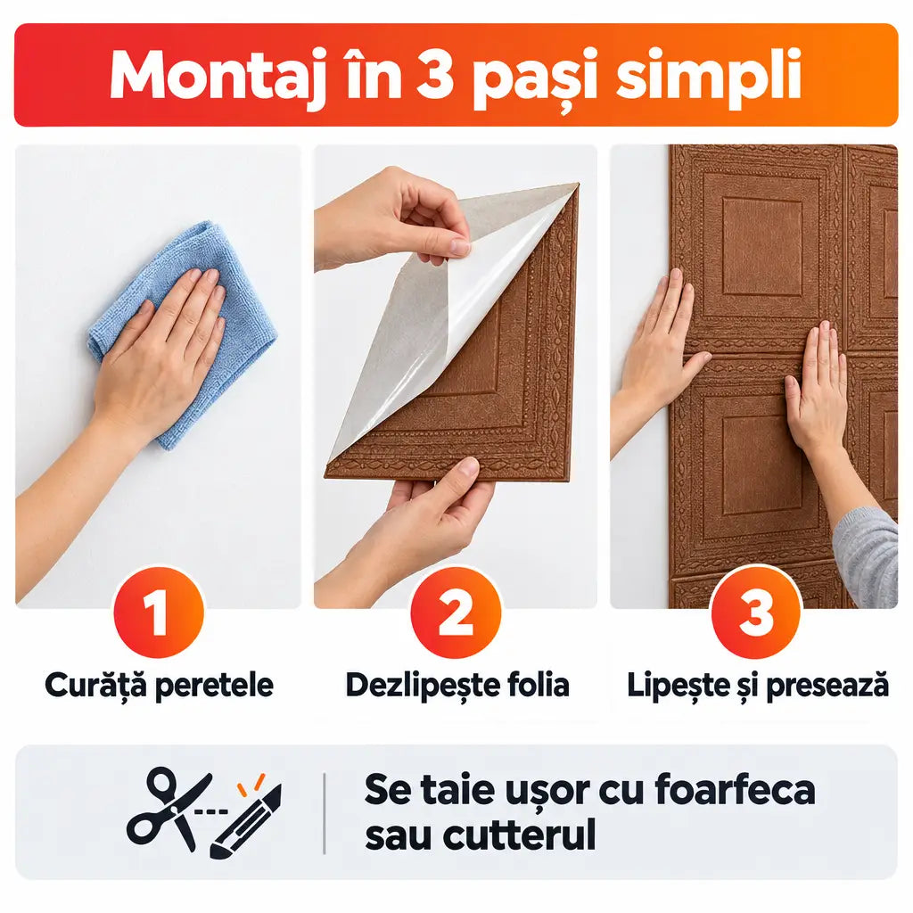 Montaj tapet 3D autoadeziv în 3 pași simpli