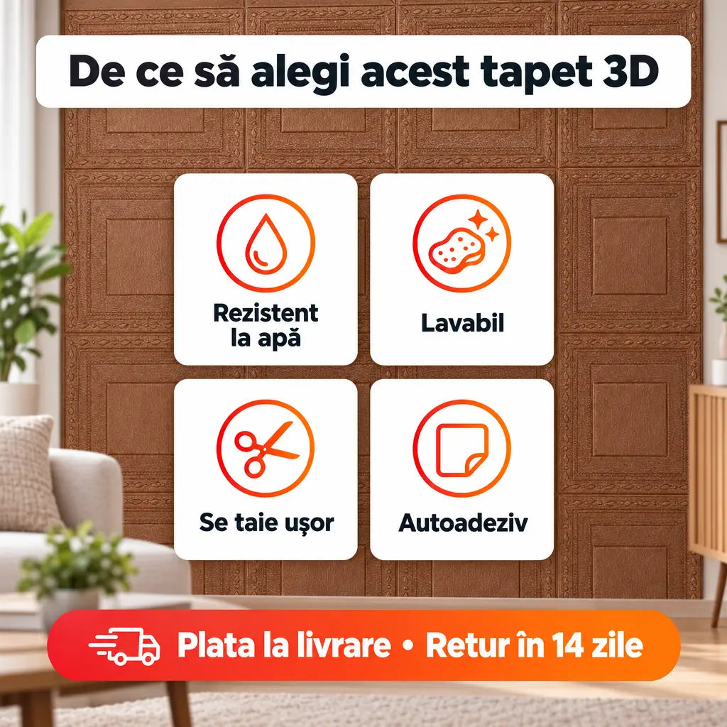 Avantaje tapet 3D: rezistent la apă, lavabil, se taie ușor, autoadeziv