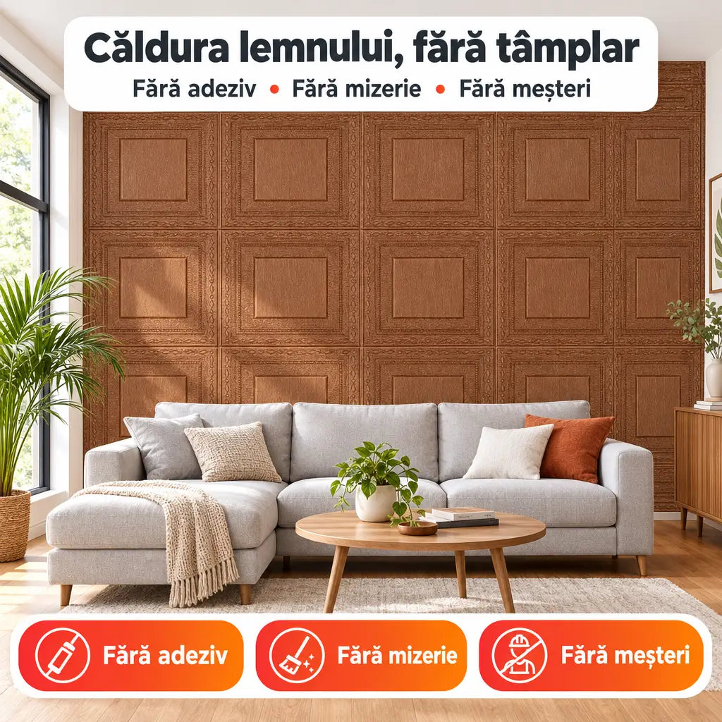 Tapet 3D imitație lemn maro în living – căldura lemnului, fără tâmplar