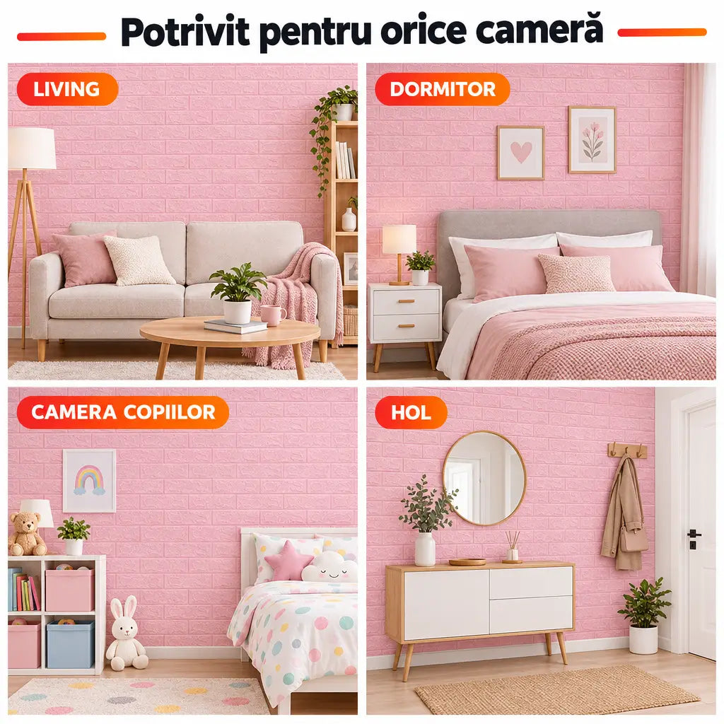 Tapet 3D cărămidă roz potrivit pentru living, dormitor, camera copiilor și hol