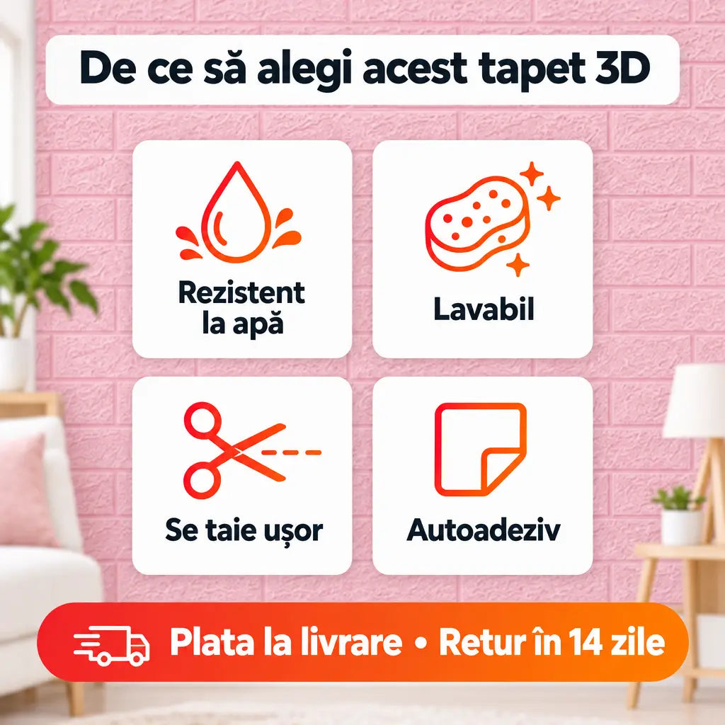 Avantaje tapet 3D: rezistent la apă, lavabil, se taie ușor, autoadeziv
