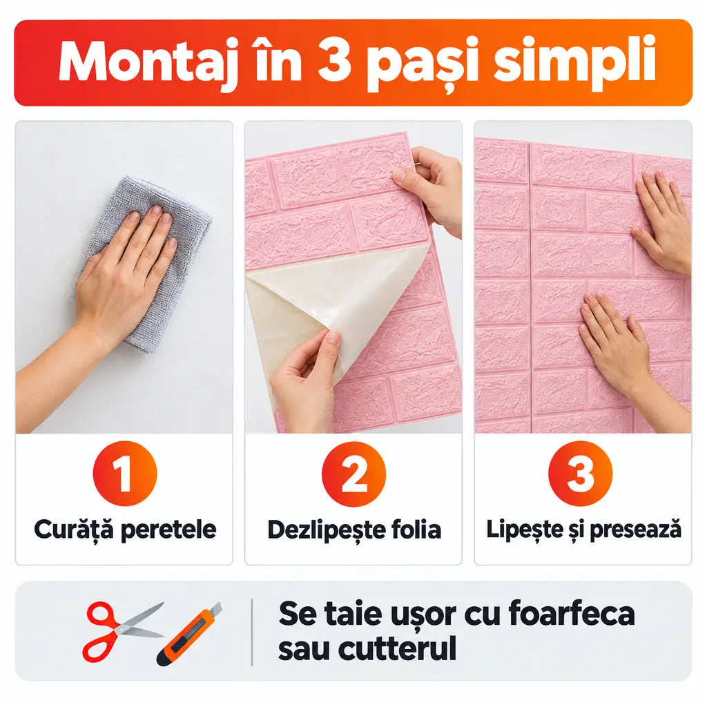 Montaj tapet 3D autoadeziv în 3 pași simpli