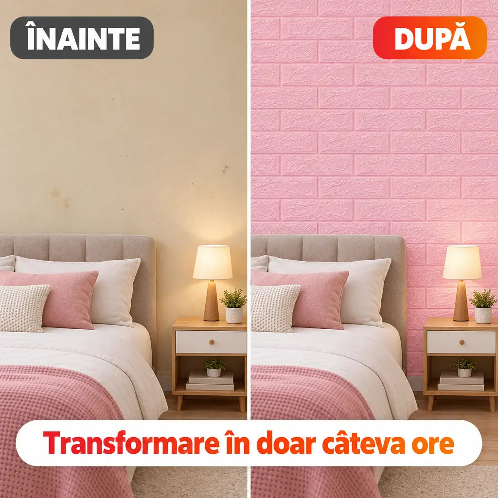 Înainte și după montajul tapetului 3D cărămidă roz