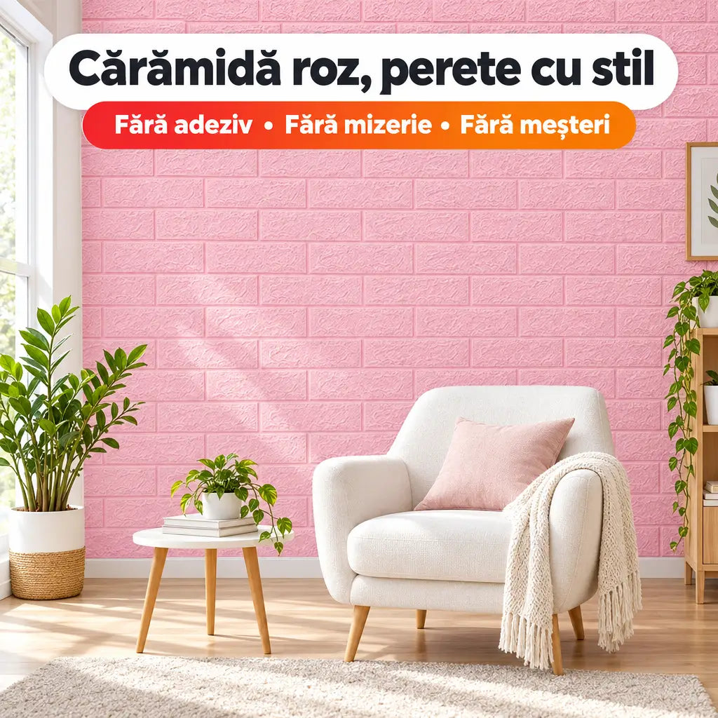 Tapet 3D imitație cărămidă roz TG-ROZ în living – perete cu stil