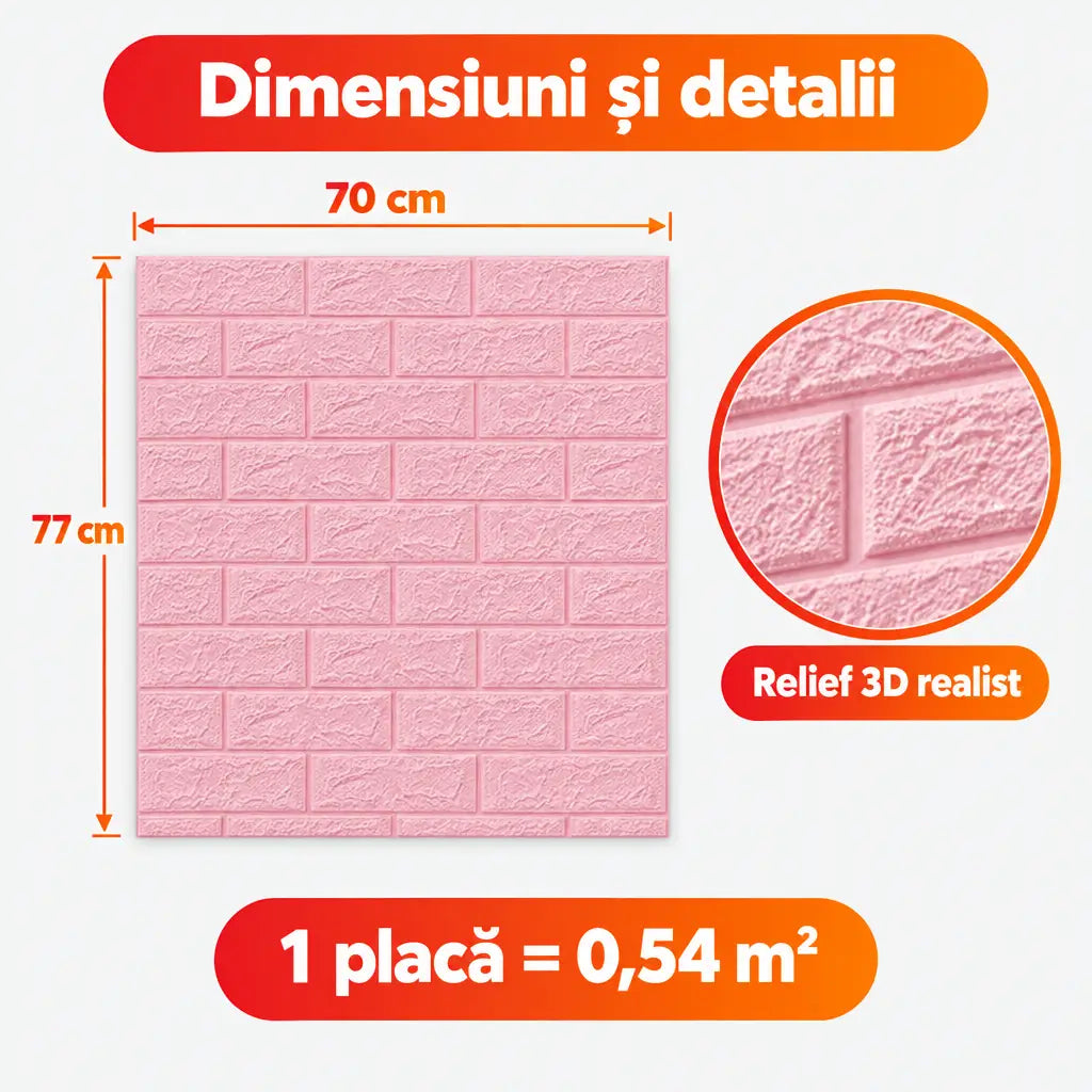 Dimensiuni placă tapet 3D cărămidă roz: 70x77 cm, 0,54 m²