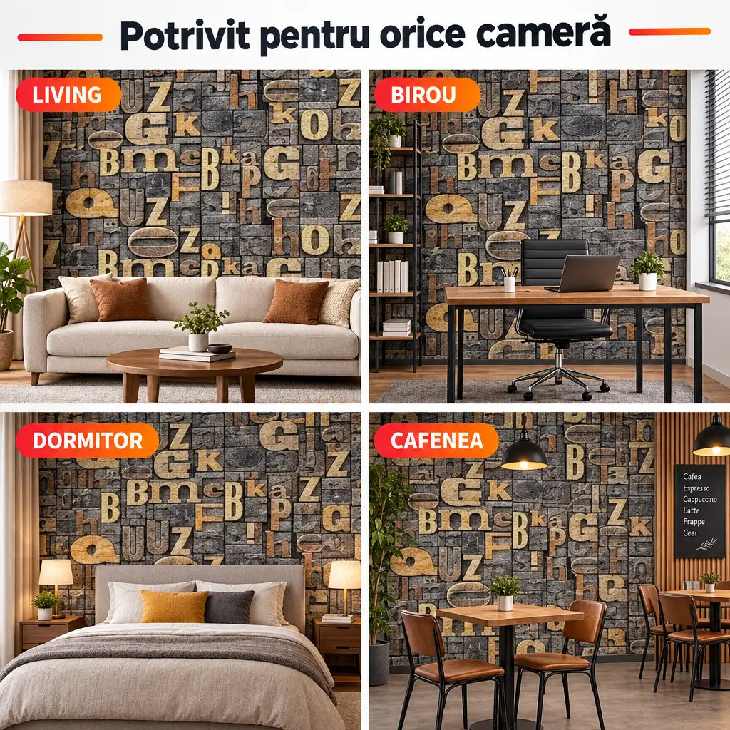 Tapet 3D litere vintage potrivit pentru living, birou, dormitor și cafenea