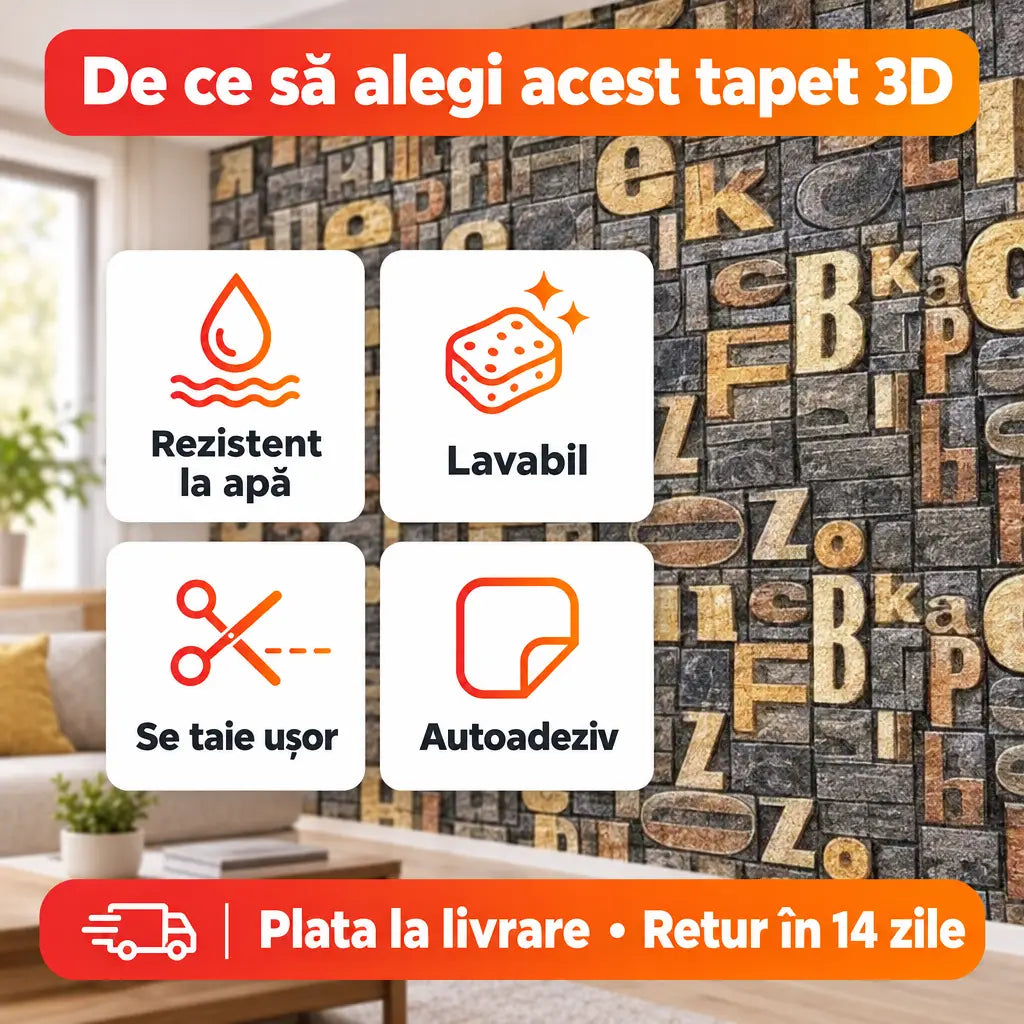 Avantaje tapet 3D: rezistent la apă, lavabil, se taie ușor, autoadeziv