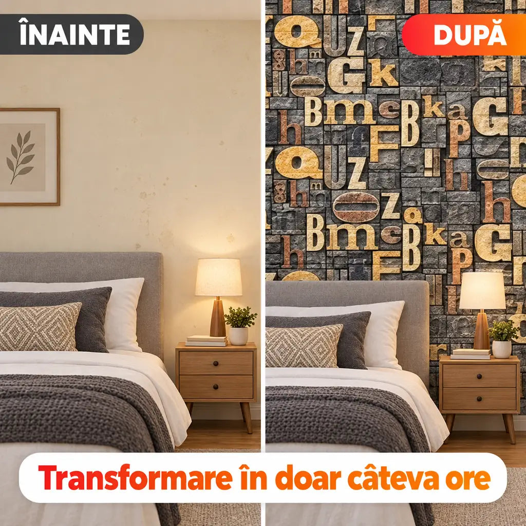 Înainte și după montajul tapetului 3D litere vintage