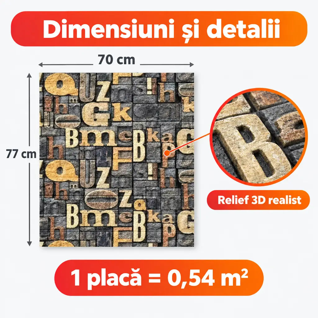 Dimensiuni placă tapet 3D K7373-20: 70x77 cm, 0,54 m²