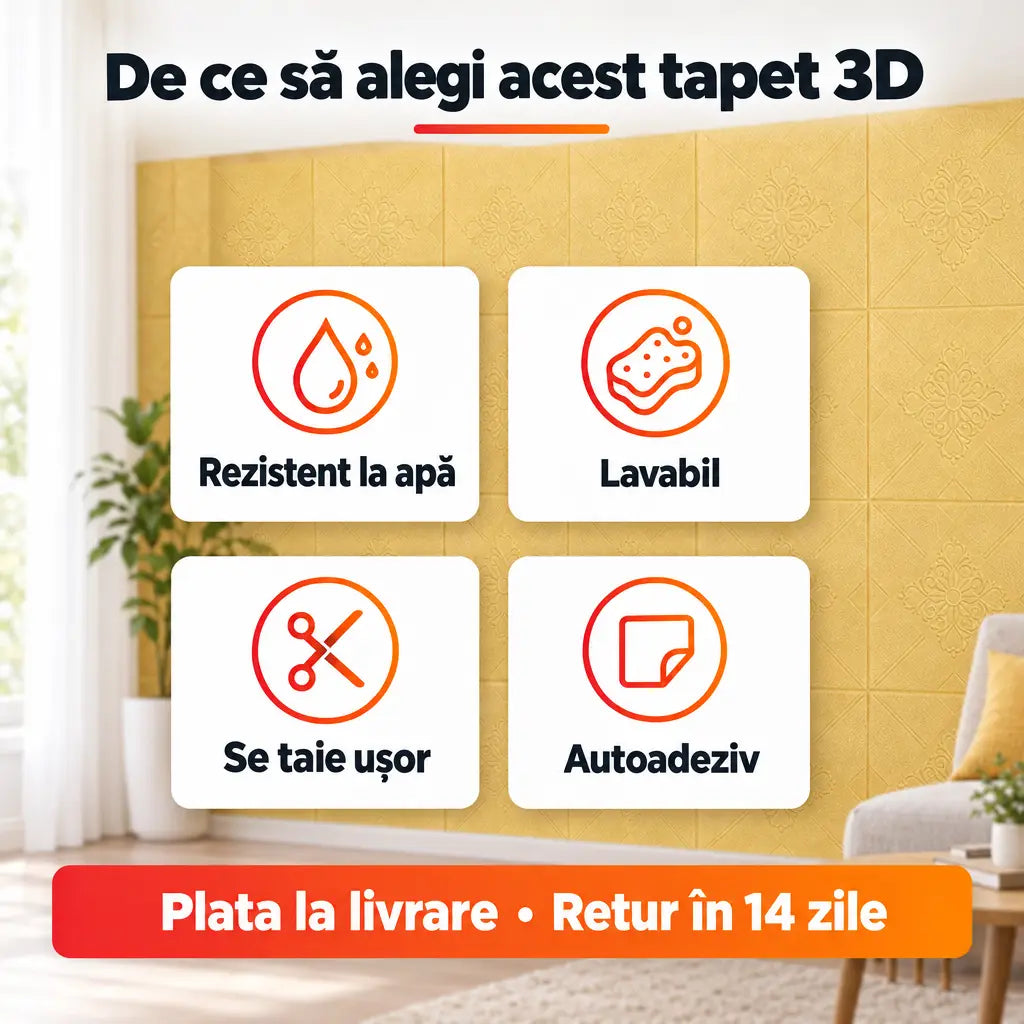 Avantaje tapet 3D: rezistent la apă, lavabil, se taie ușor, autoadeziv