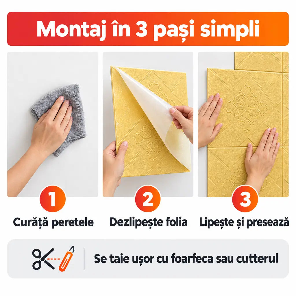 Montaj tapet 3D autoadeziv în 3 pași simpli