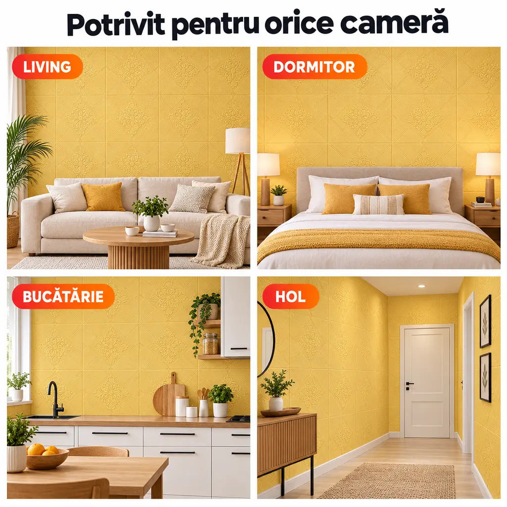 Tapet 3D galben potrivit pentru living, dormitor, bucătărie și hol