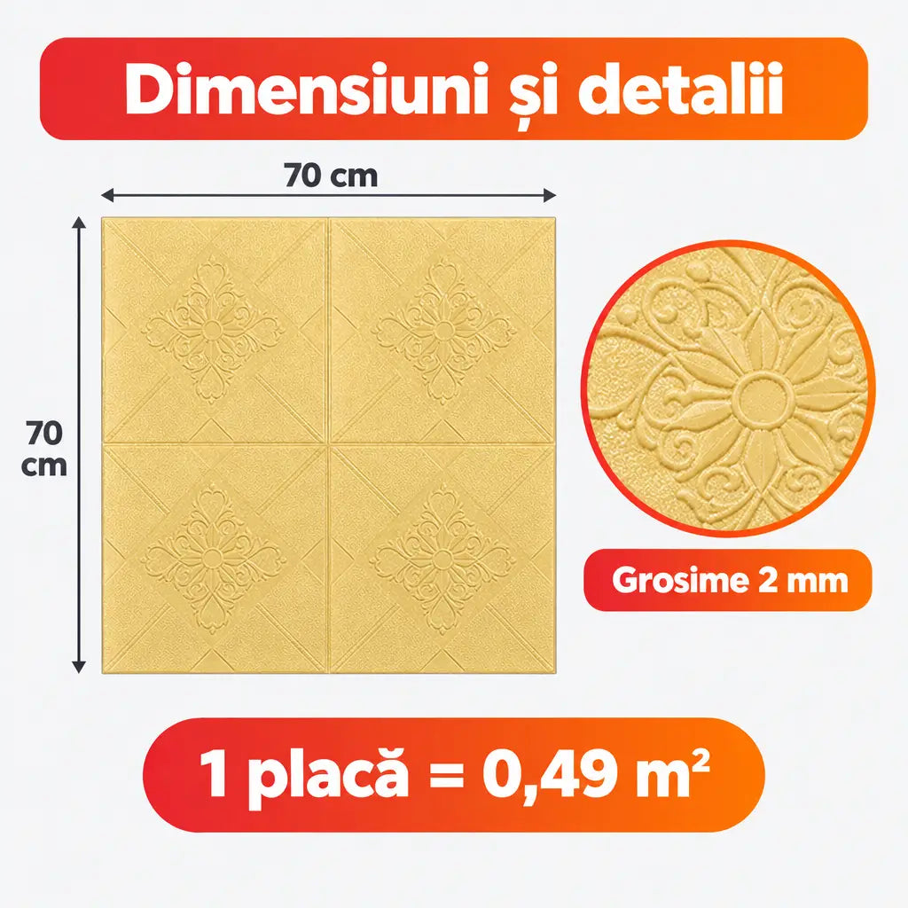 Dimensiuni placă tapet 3D flori galben: 70x70 cm, 2 mm, 0,49 m²
