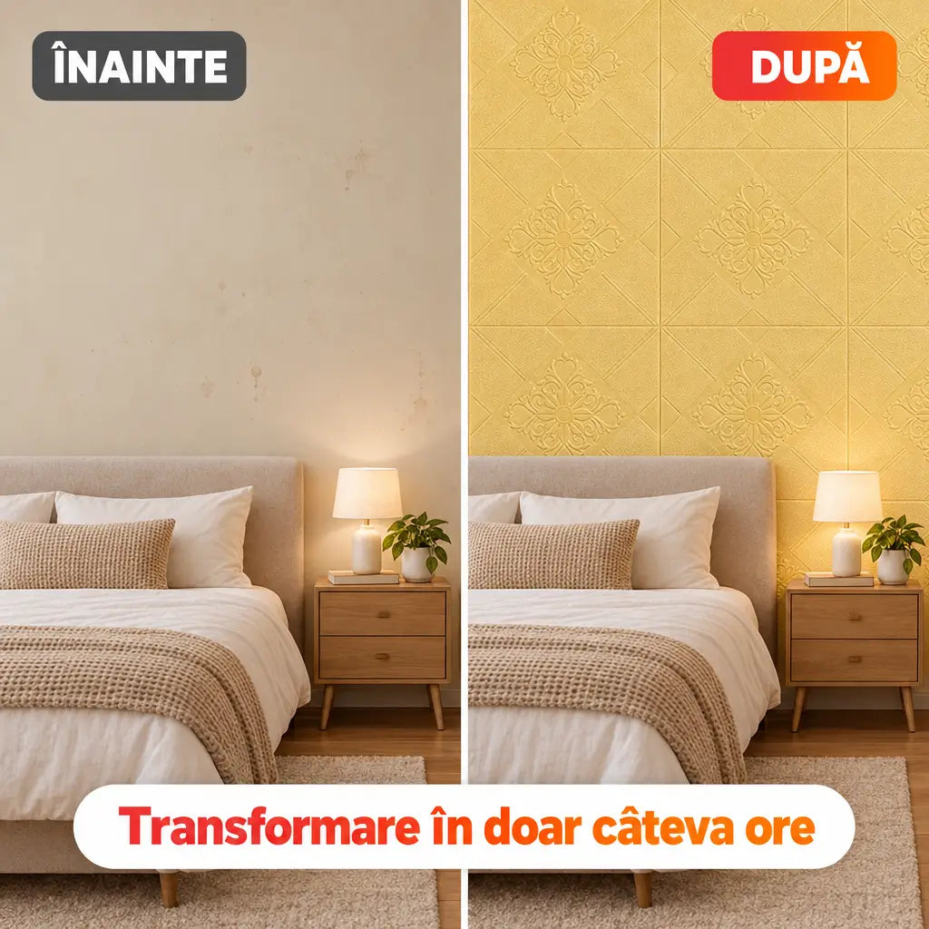 Înainte și după montajul tapetului 3D flori abstracte galben