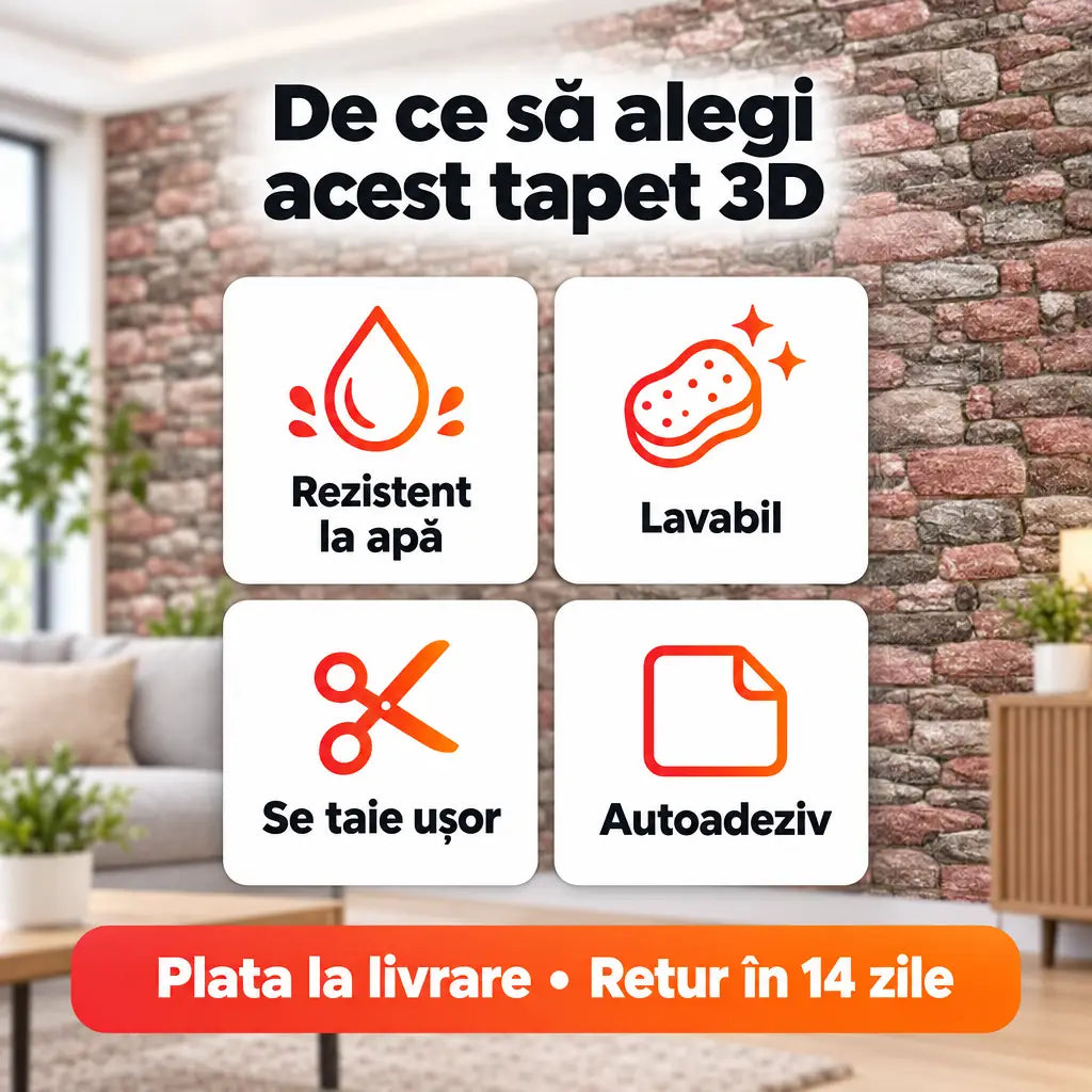 Avantaje tapet 3D: rezistent la apă, lavabil, se taie ușor, autoadeziv