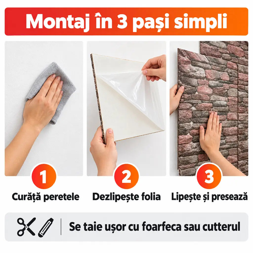 Montaj tapet 3D autoadeziv în 3 pași simpli