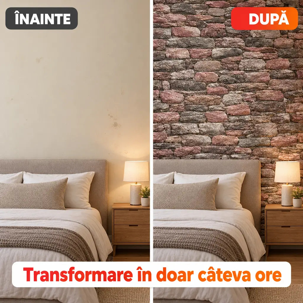 Înainte și după montajul tapetului 3D piatră de râu TG-88