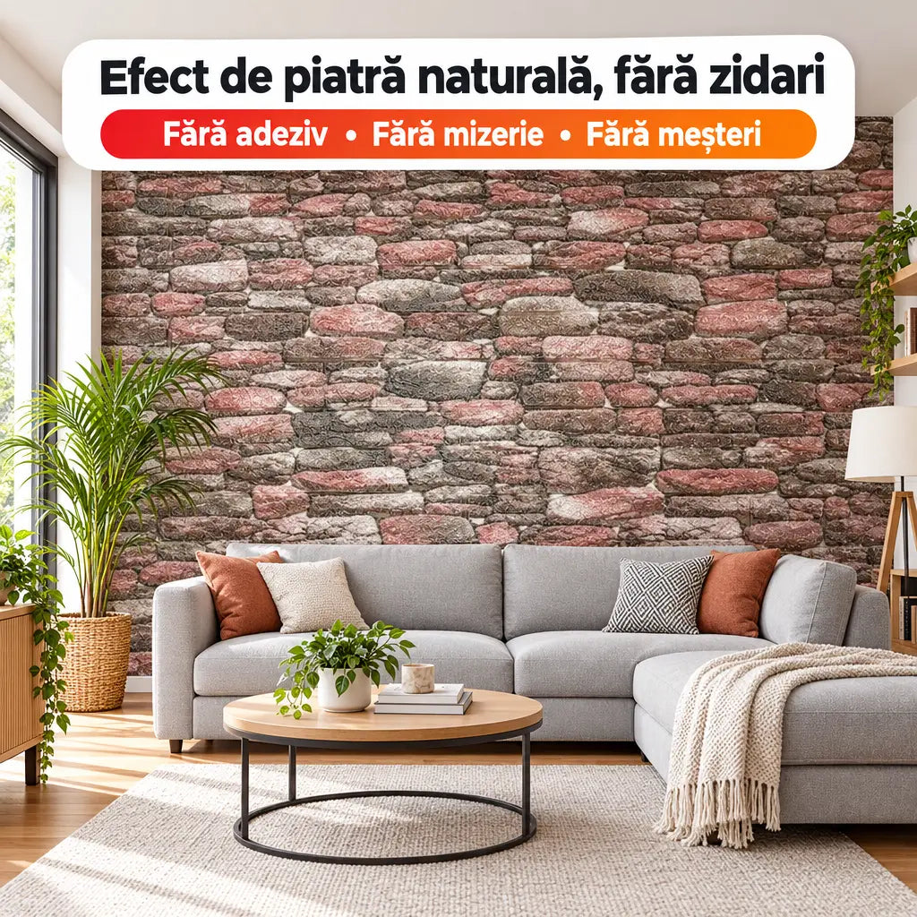 Tapet 3D imitație piatră de râu TG-88 în living – efect de piatră naturală