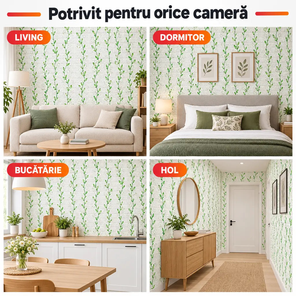 Tapet 3D frunze potrivit pentru living, dormitor, bucătărie și hol