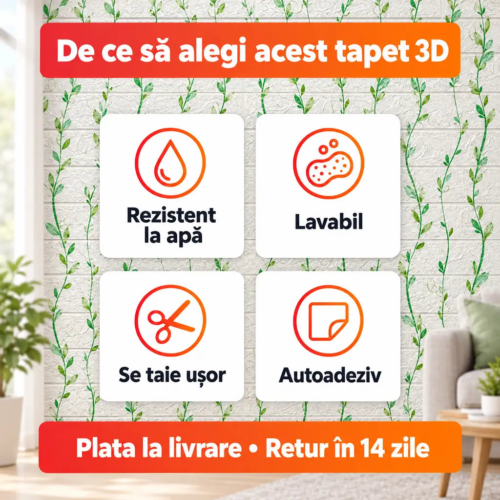 Avantaje tapet 3D: rezistent la apă, lavabil, se taie ușor, autoadeziv