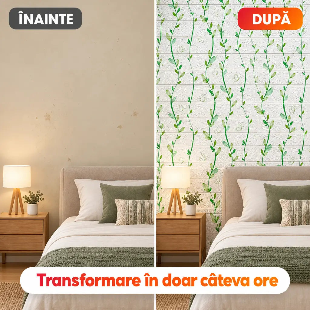 Înainte și după montajul tapetului 3D frunze alb/verde