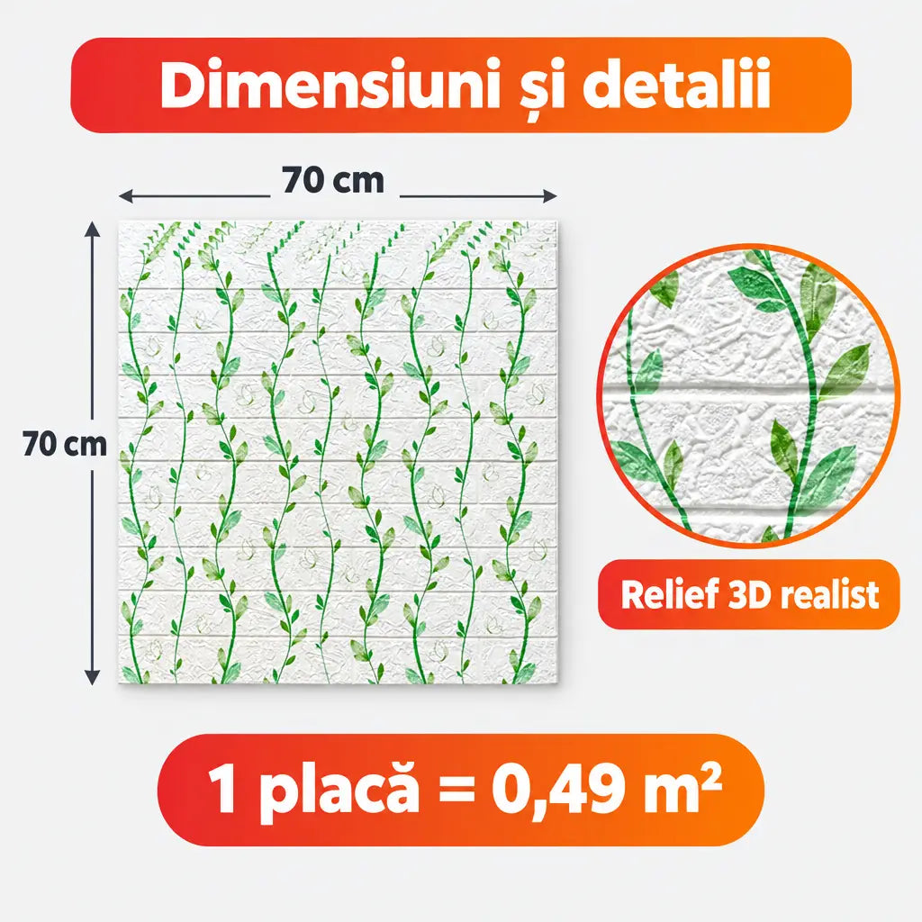 Dimensiuni placă tapet 3D frunze: 70x70 cm, 0,49 m²