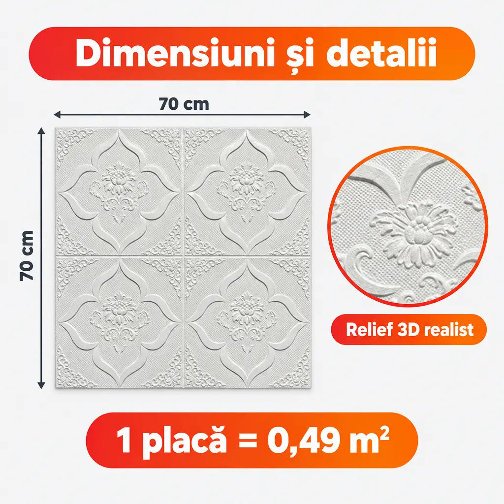 Dimensiuni placă tapet 3D floral alb: 70x70 cm, 0,49 m²