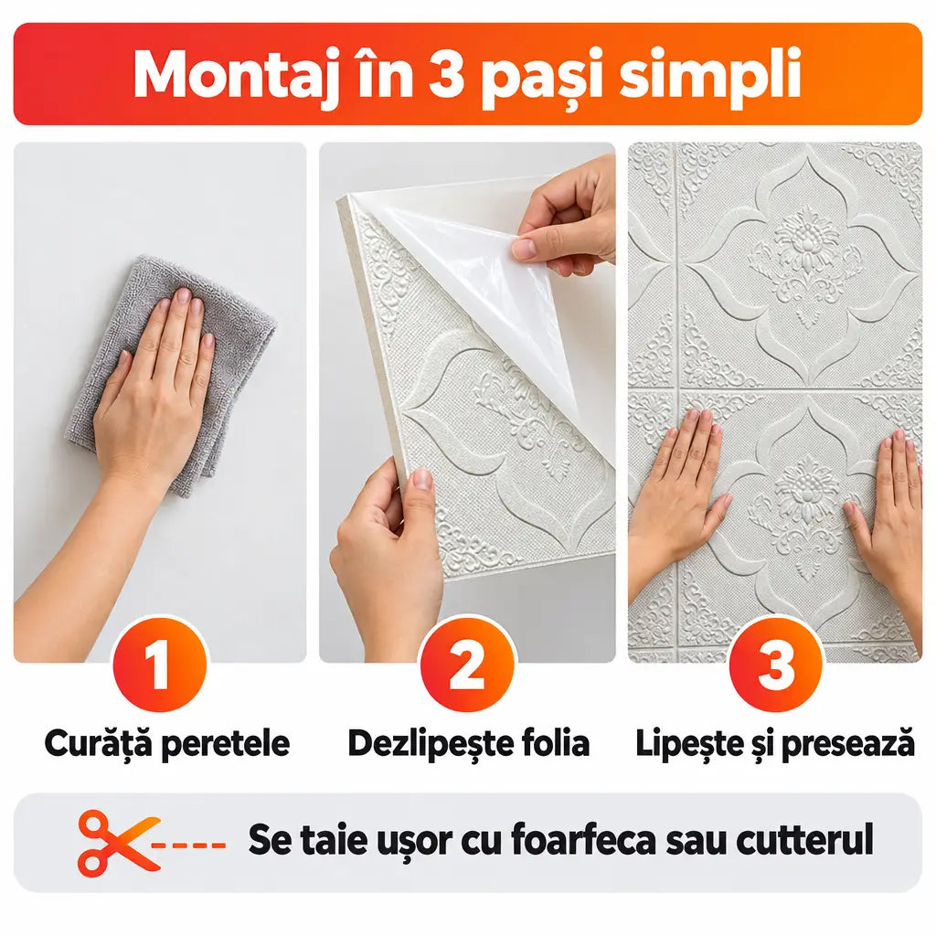 Montaj tapet 3D autoadeziv în 3 pași simpli