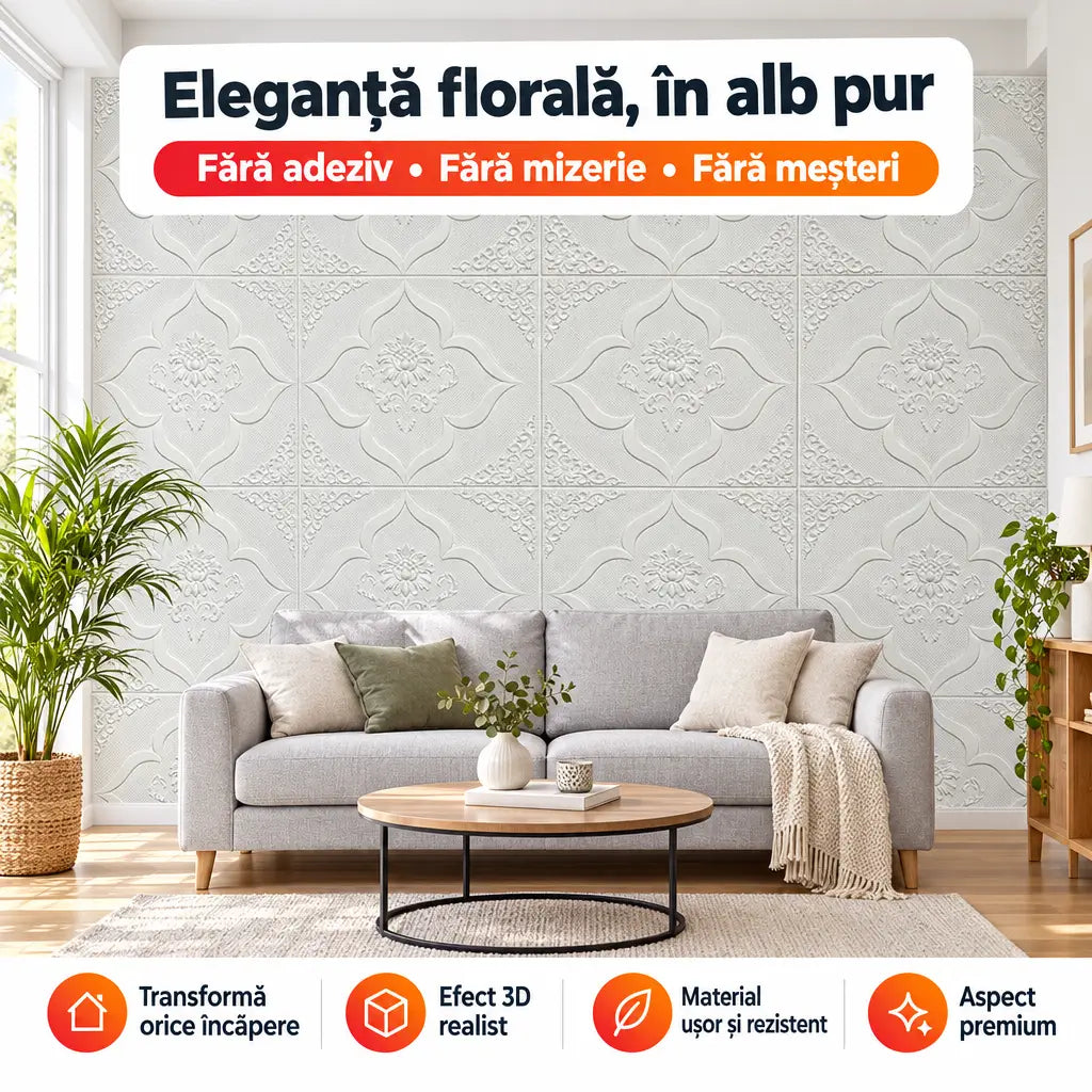 Tapet 3D model floral alb în living – eleganță florală, în alb pur