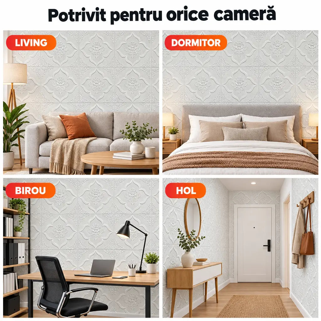 Tapet 3D floral alb potrivit pentru living, dormitor, birou și hol