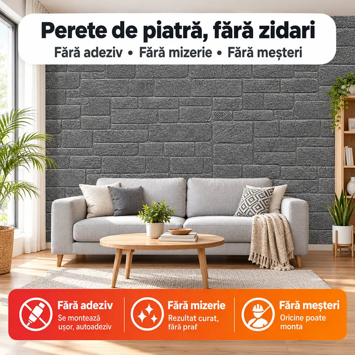 Tapet 3D Autoadeziv Imitație Pietre, Gri Închis – imagine 2