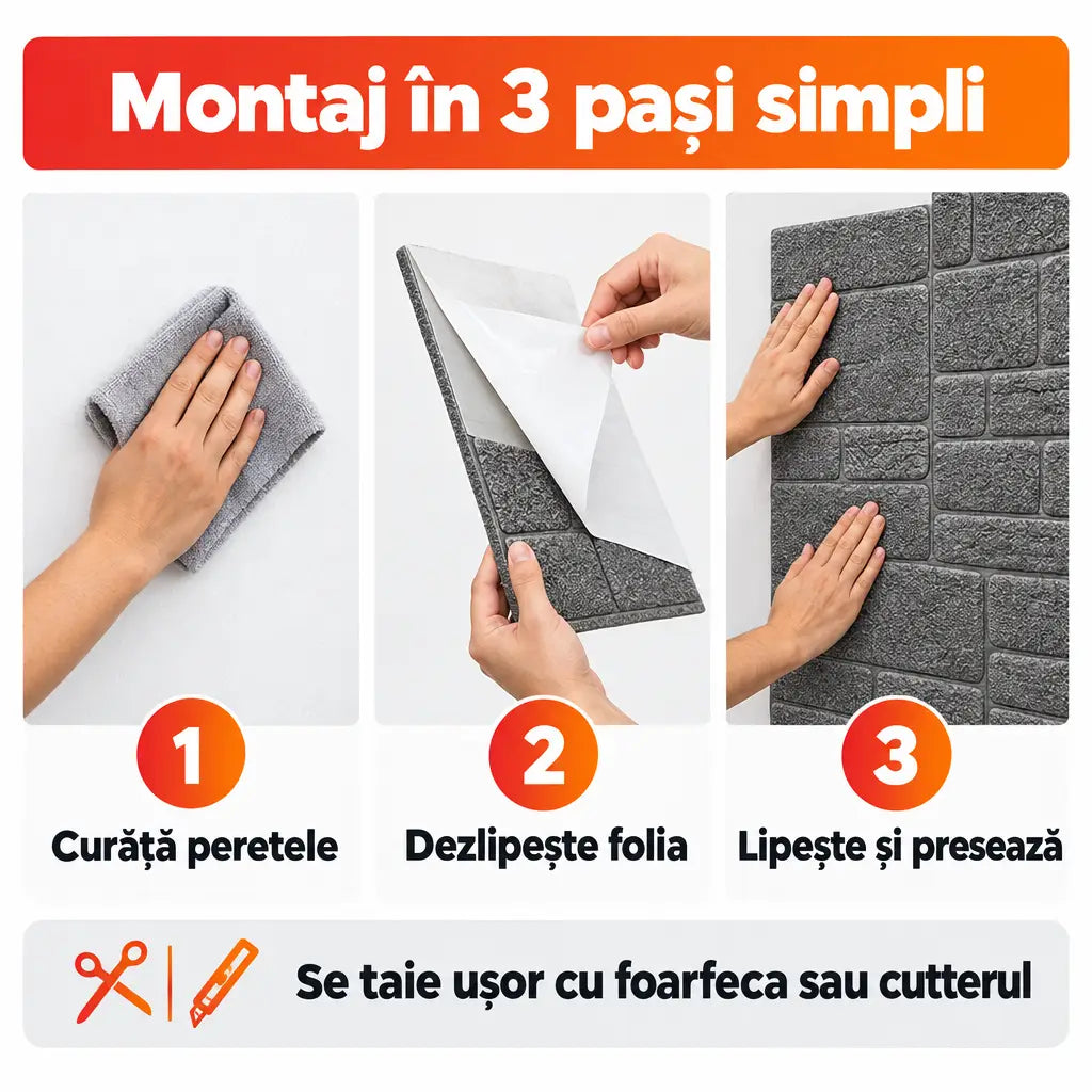 Montaj tapet 3D autoadeziv în 3 pași simpli