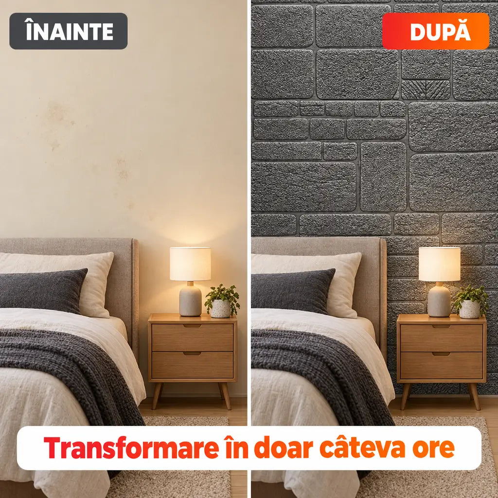 Înainte și după montajul tapetului 3D pietre gri închis