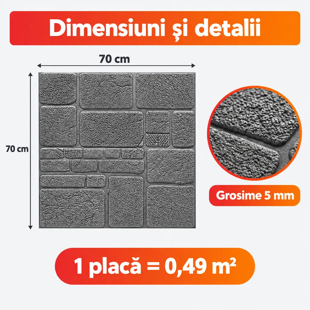 Dimensiuni placă tapet 3D pietre gri: 70x70 cm, 5 mm, 0,49 m²