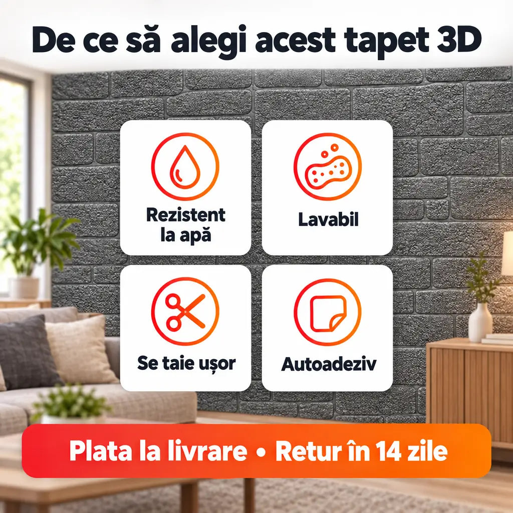 Avantaje tapet 3D: rezistent la apă, lavabil, se taie ușor, autoadeziv