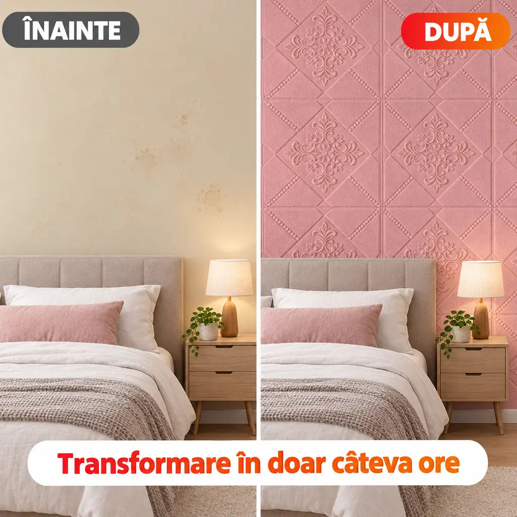 Înainte și după montajul tapetului 3D flori abstracte roz