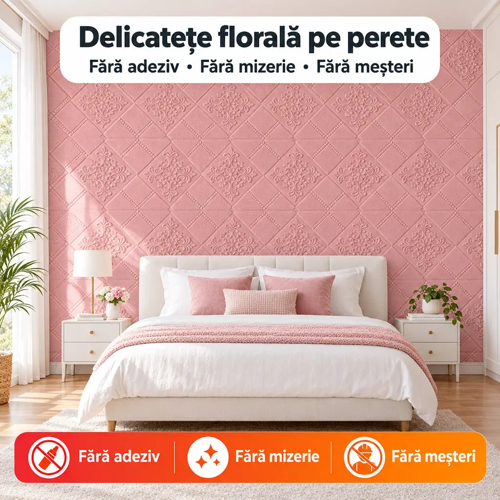 Tapet 3D flori abstracte roz în dormitor – delicatețe florală pe perete