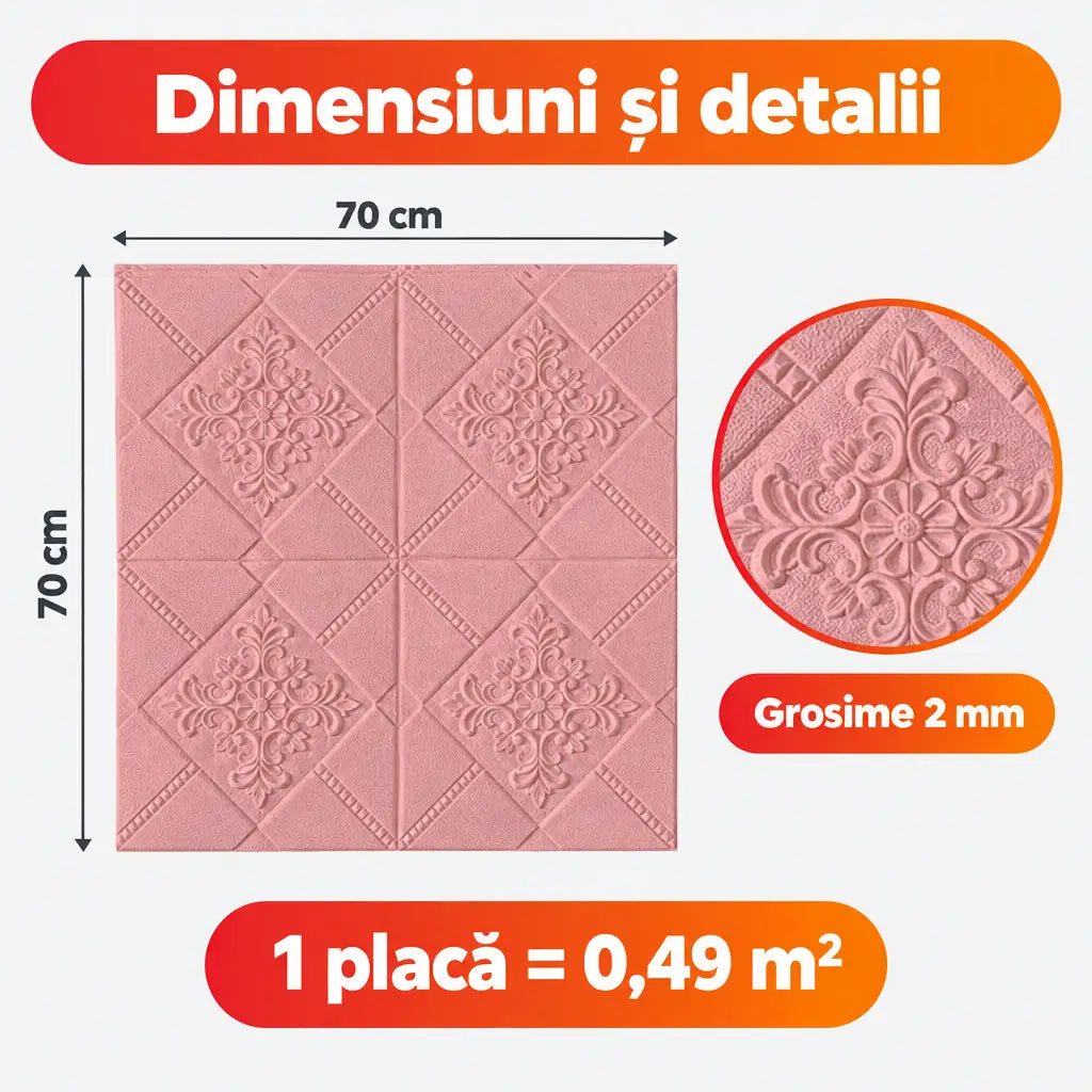 Dimensiuni placă tapet 3D flori roz: 70x70 cm, 2 mm, 0,49 m²