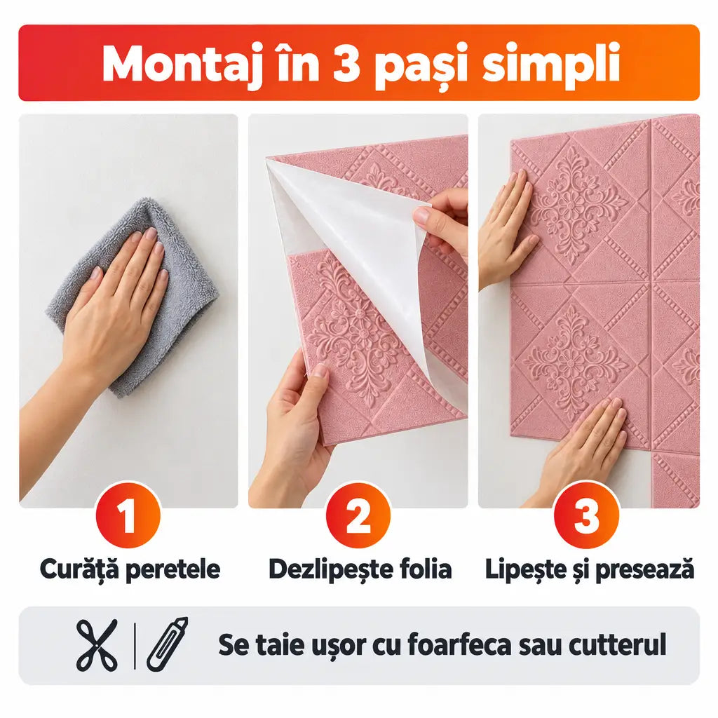 Montaj tapet 3D autoadeziv în 3 pași simpli