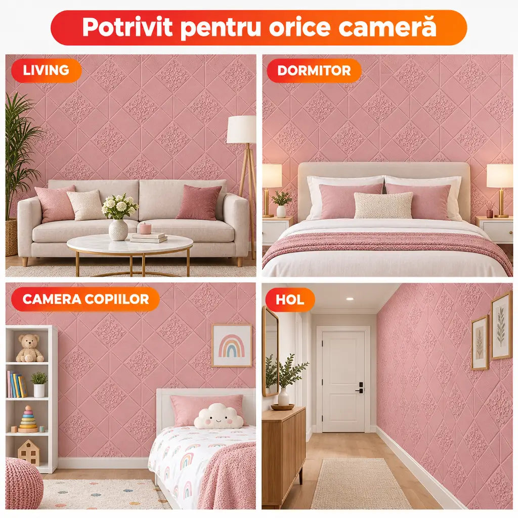 Tapet 3D roz potrivit pentru living, dormitor, camera copiilor și hol