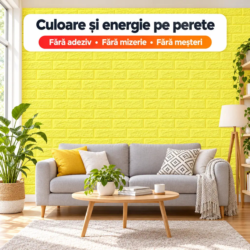Tapet 3D imitație cărămizi galben în living – culoare și energie pe perete
